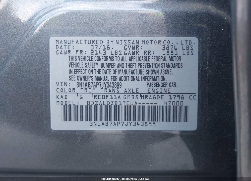 2018 NISSAN SENTRA VIN: 3N1AB7AP7JY343899