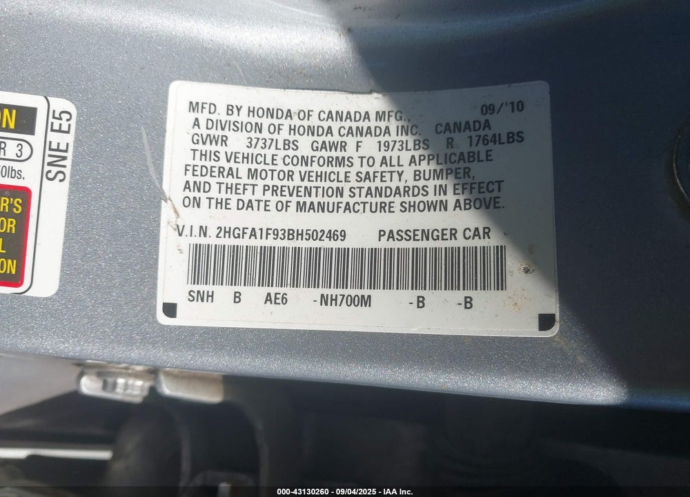 2011 HONDA CIVIC VIN: 2HGFA1F93BH502469