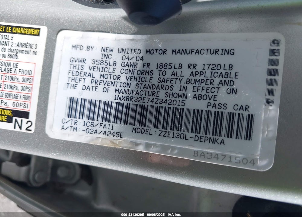 2004 TOYOTA COROLLA LE VIN: 1NXBR32E74Z342015