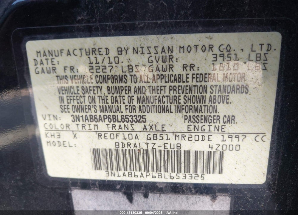 2011 NISSAN SENTRA 2.0SR VIN: 3N1AB6AP6BL653325