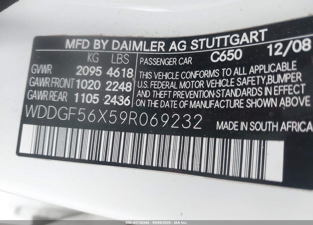 2009 MERCEDES-BENZ C CLASS VIN: WDDGF56X59R069232