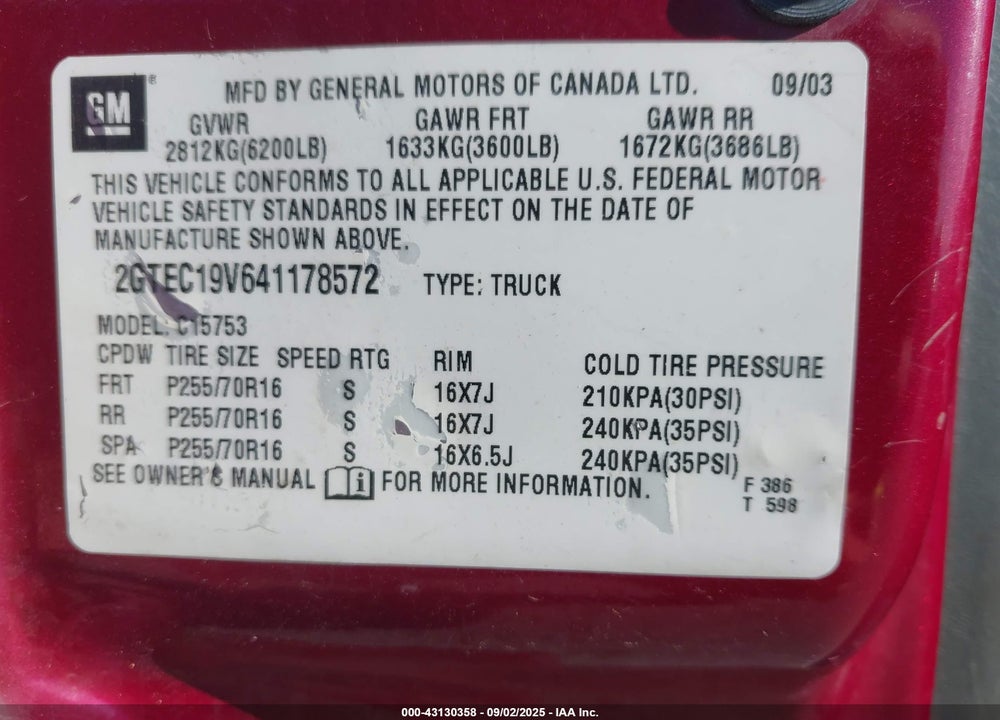 2004 GMC SIERRA 1500 SLE VIN: 2GTEC19V641178572