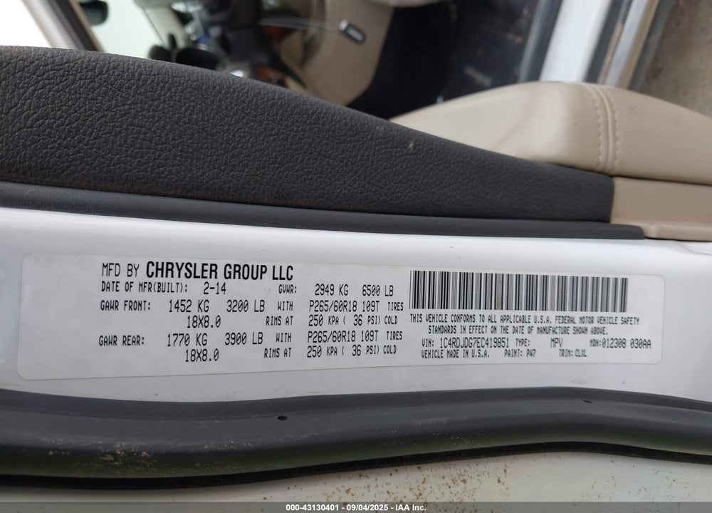 2014 DODGE DURANGO VIN: 1C4RDJDG7EC419851