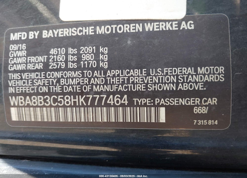 2017 BMW 3 SERIES VIN: WBA8B3C58HK777464