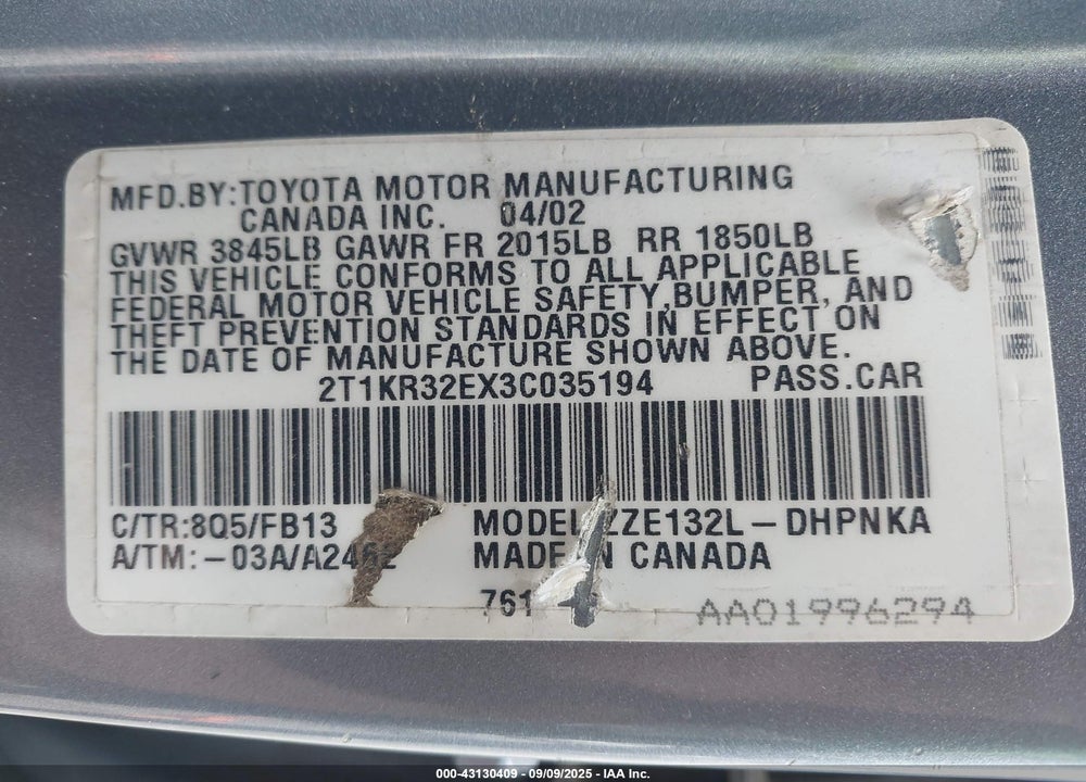 2003 TOYOTA MATRIX/XR VIN: 2T1KR32EX3C035194