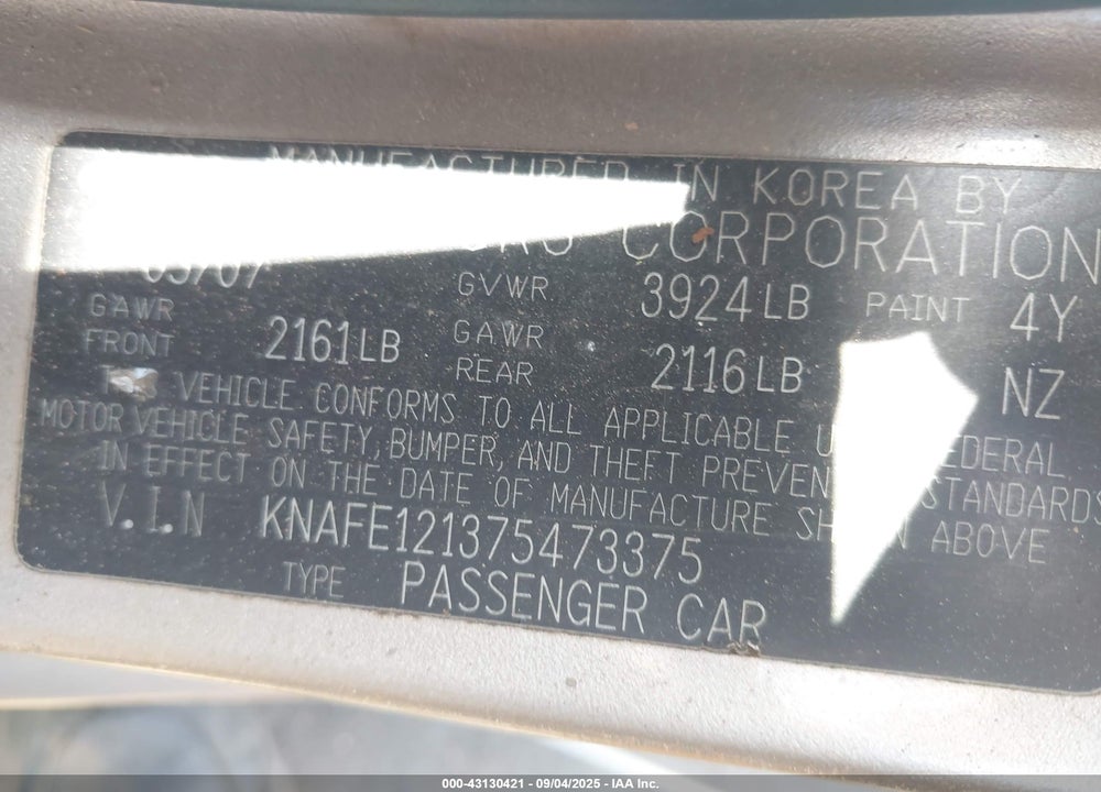 2007 KIA SPECTRA EX VIN: KNAFE121375473375