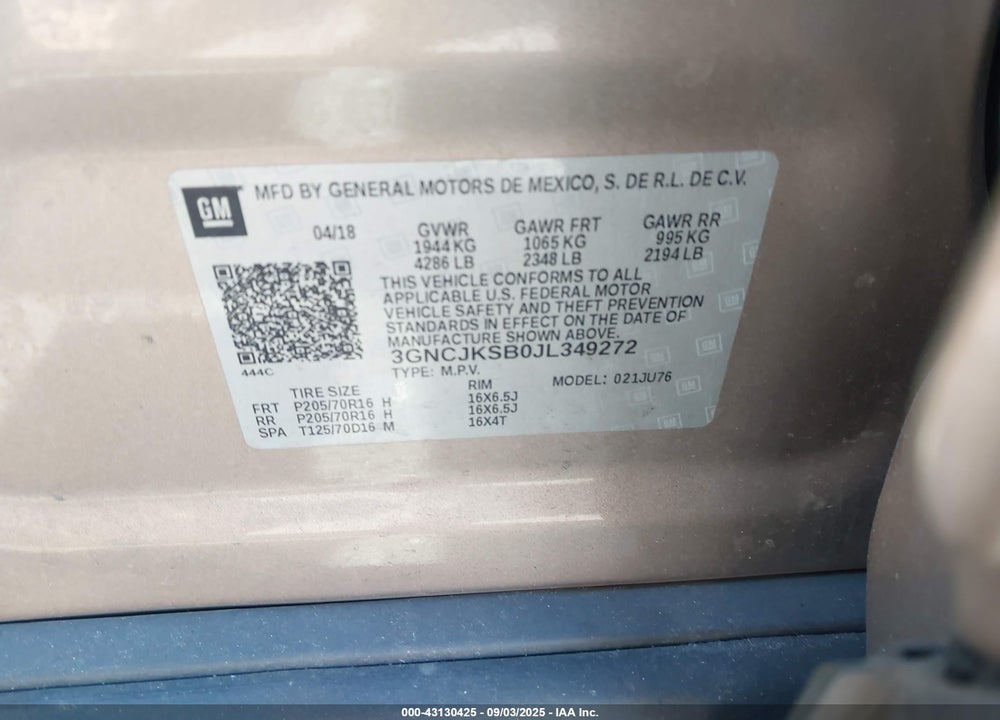 2018 CHEVROLET TRAX VIN: 3GNCJKSB0JL349272