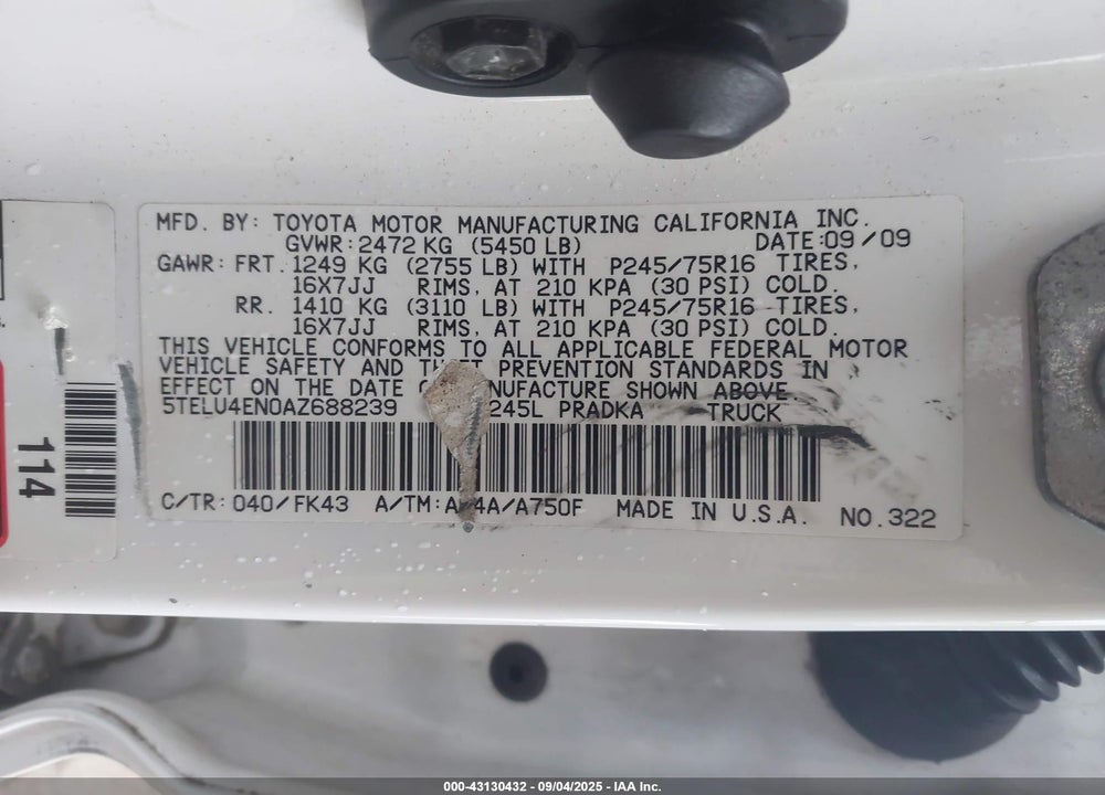 2010 TOYOTA TACOMA VIN: 5TELU4EN0AZ688239