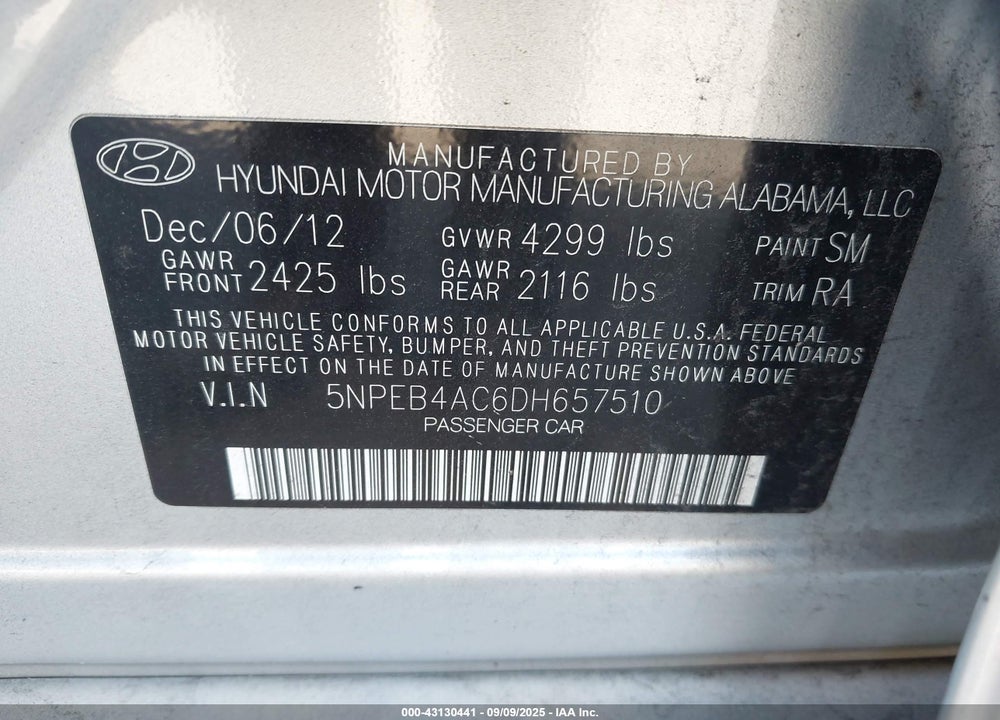 2013 HYUNDAI SONATA VIN: 5NPEB4AC6DH657510