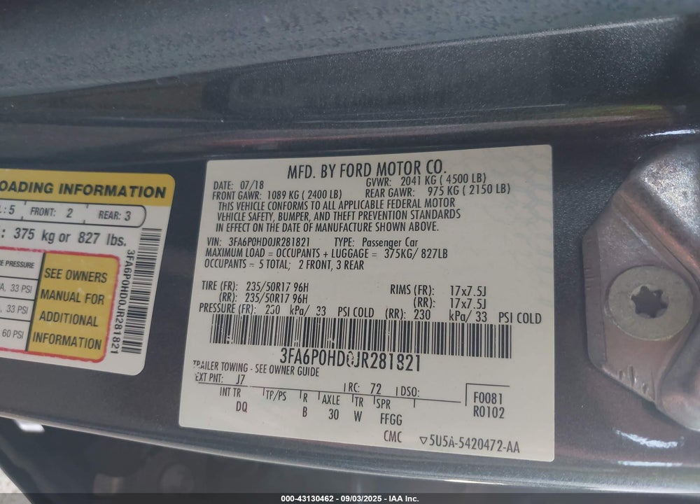 2018 FORD FUSION VIN: 3FA6P0HD0JR281821
