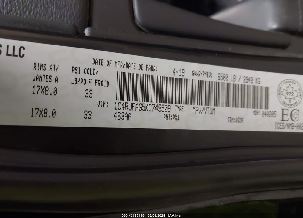 2019 JEEP GRAND CHEROKEE LAREDO VIN: 1C4RJFAG5KC749509