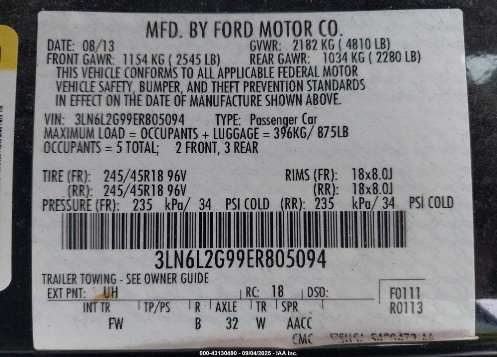 2014 LINCOLN MKZ VIN: 3LN6L2G99ER805094