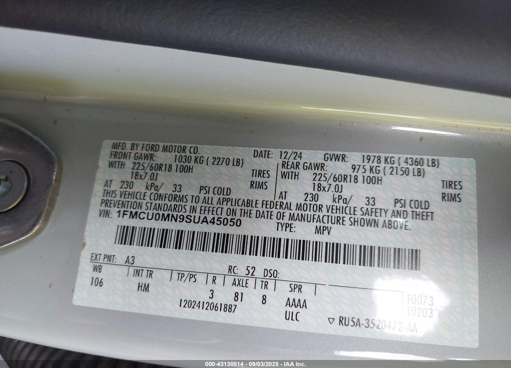 2025 FORD ESCAPE VIN: 1FMCU0MN9SUA45050