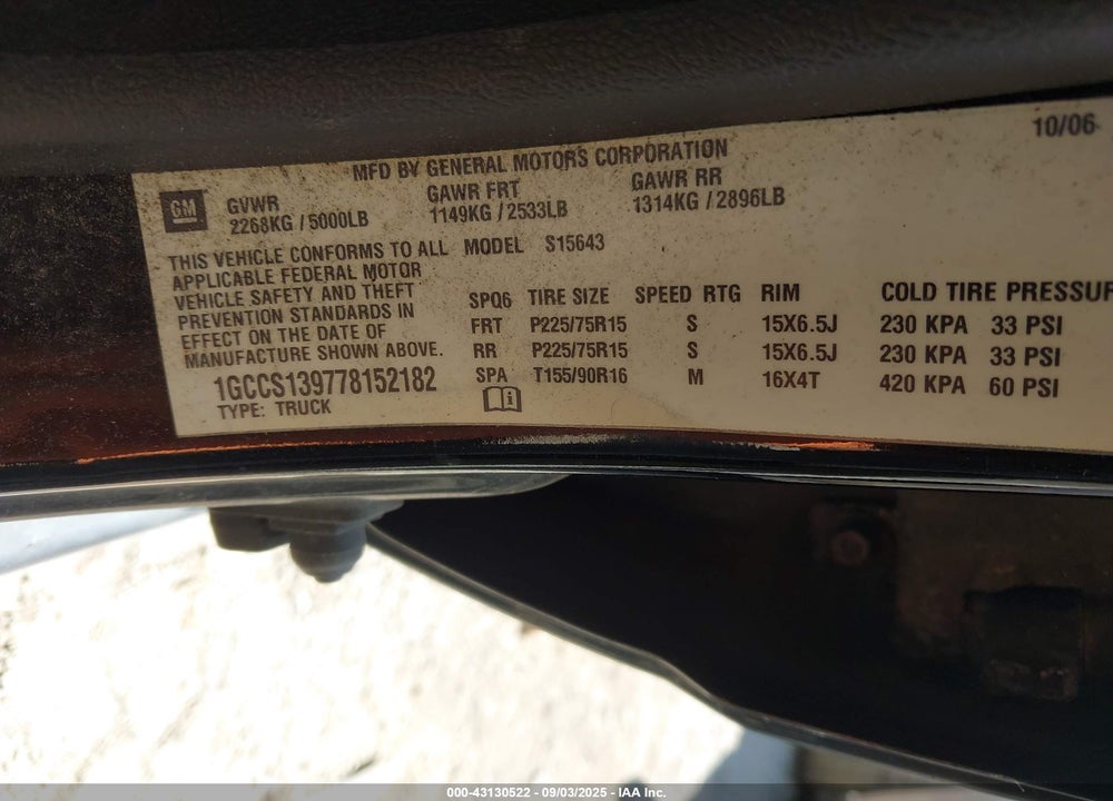 2007 CHEVROLET COLORADO VIN: 1GCCS139778152182