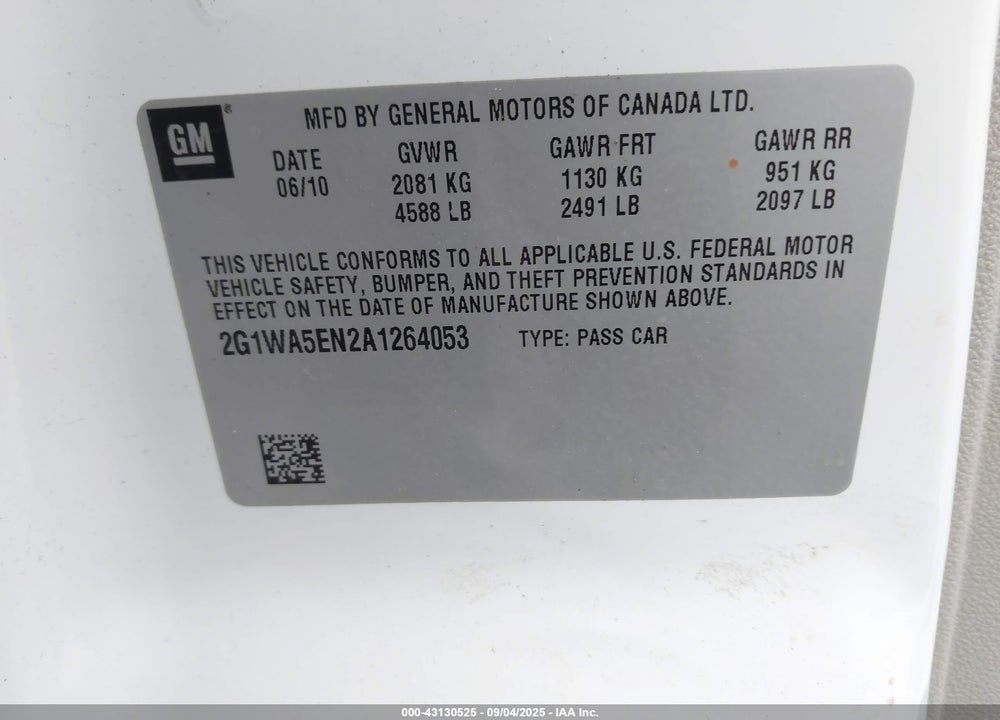 2010 CHEVROLET IMPALA VIN: 2G1WA5EN2A1264053