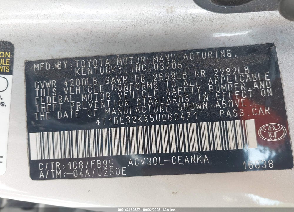 2005 TOYOTA CAMRY LE VIN: 4T1BE32KX5U060471