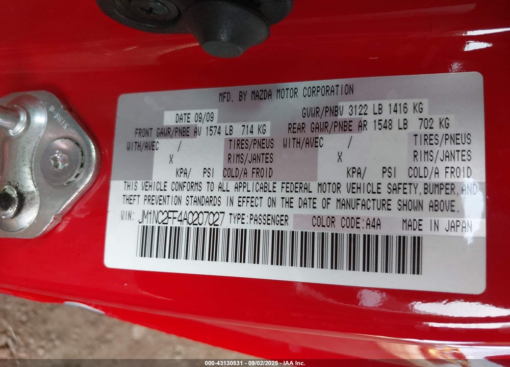 2010 MAZDA MX-5 MIATA VIN: JM1NC2FF4A0207027