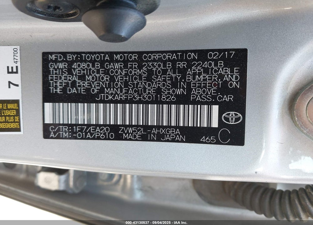 2017 TOYOTA PRIUS PRIME VIN: JTDKARFP3H3011826