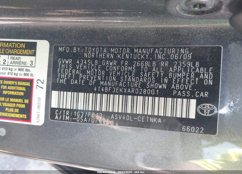 2010 TOYOTA CAMRY VIN: 4T4BF3EKXAR028001