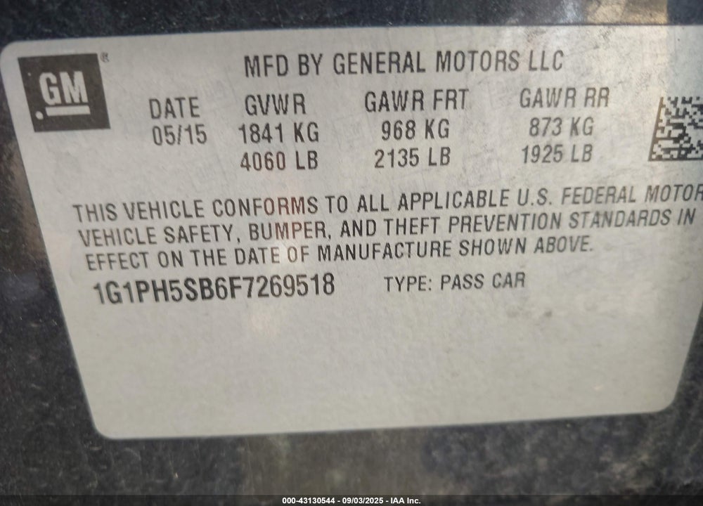 2015 CHEVROLET CRUZE ECO AUTO VIN: 1G1PH5SB6F7269518