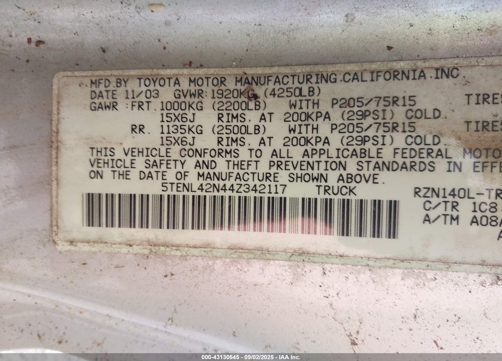 2004 TOYOTA TACOMA VIN: 5TENL42N44Z342117