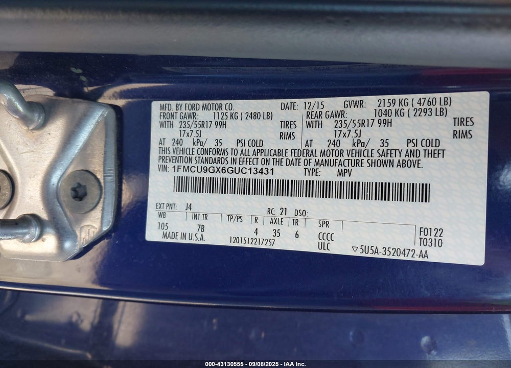 2016 FORD ESCAPE VIN: 1FMCU9GX6GUC13431