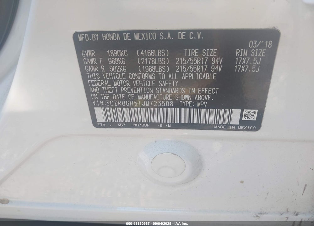 2018 HONDA HR-V VIN: 3CZRU6H51JM723508