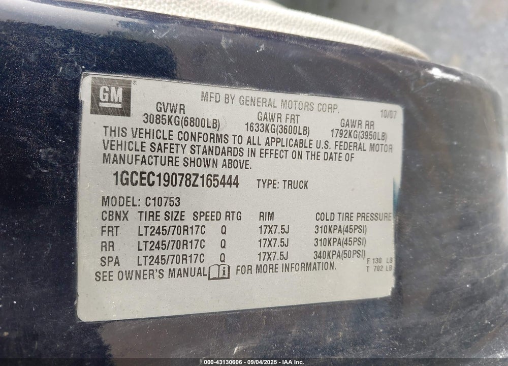 2008 CHEVROLET SILVERADO 1500 VIN: 1GCEC19078Z165444