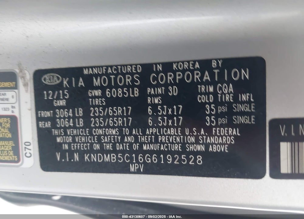 2016 KIA SEDONA LX VIN: KNDMB5C16G6192528