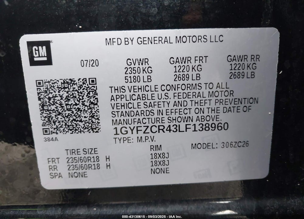 2020 CADILLAC XT4 VIN: 1GYFZCR43LF138960