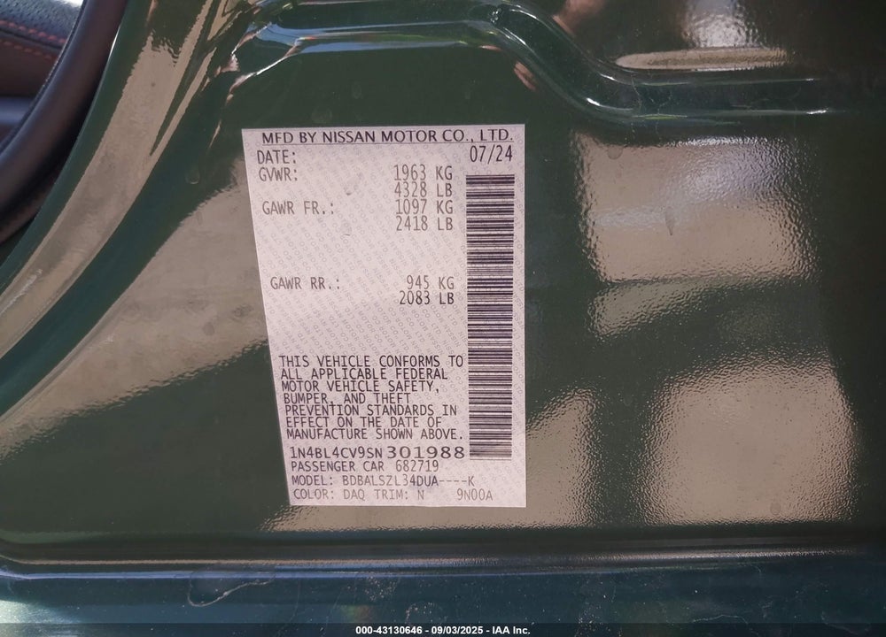 2025 NISSAN ALTIMA SR FWD VIN: 1N4BL4CV9SN301988