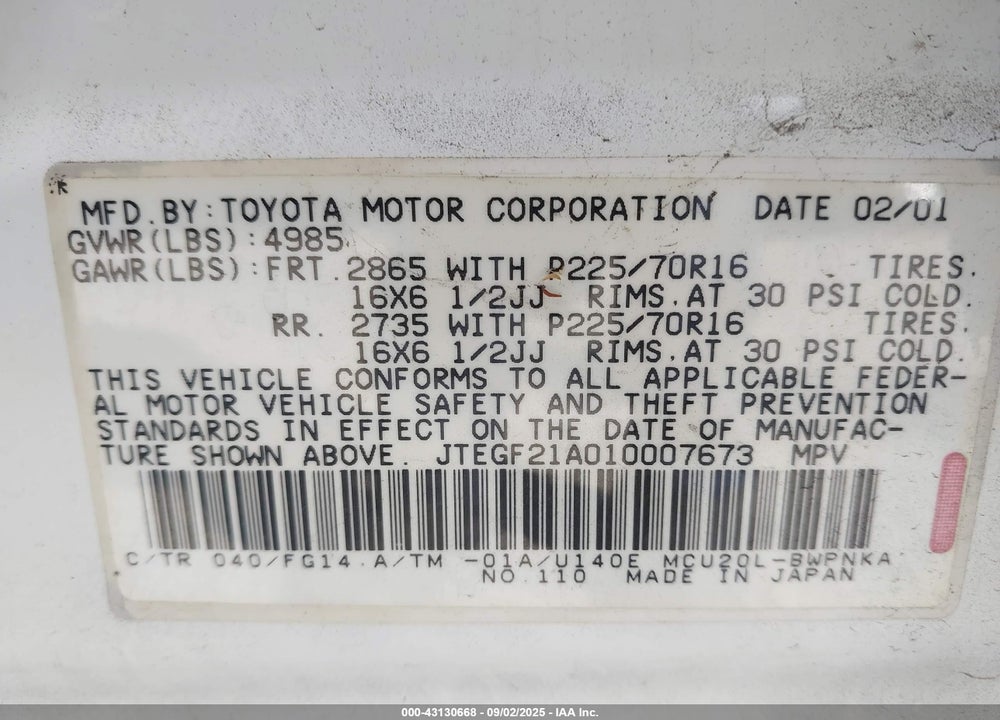 2001 TOYOTA HIGHLANDER V6 VIN: JTEGF21A010007673