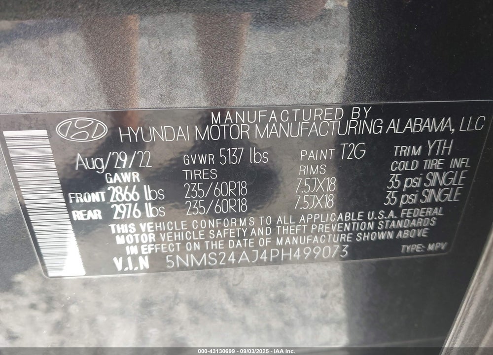 2023 HYUNDAI SANTA FE VIN: 5NMS24AJ4PH499073