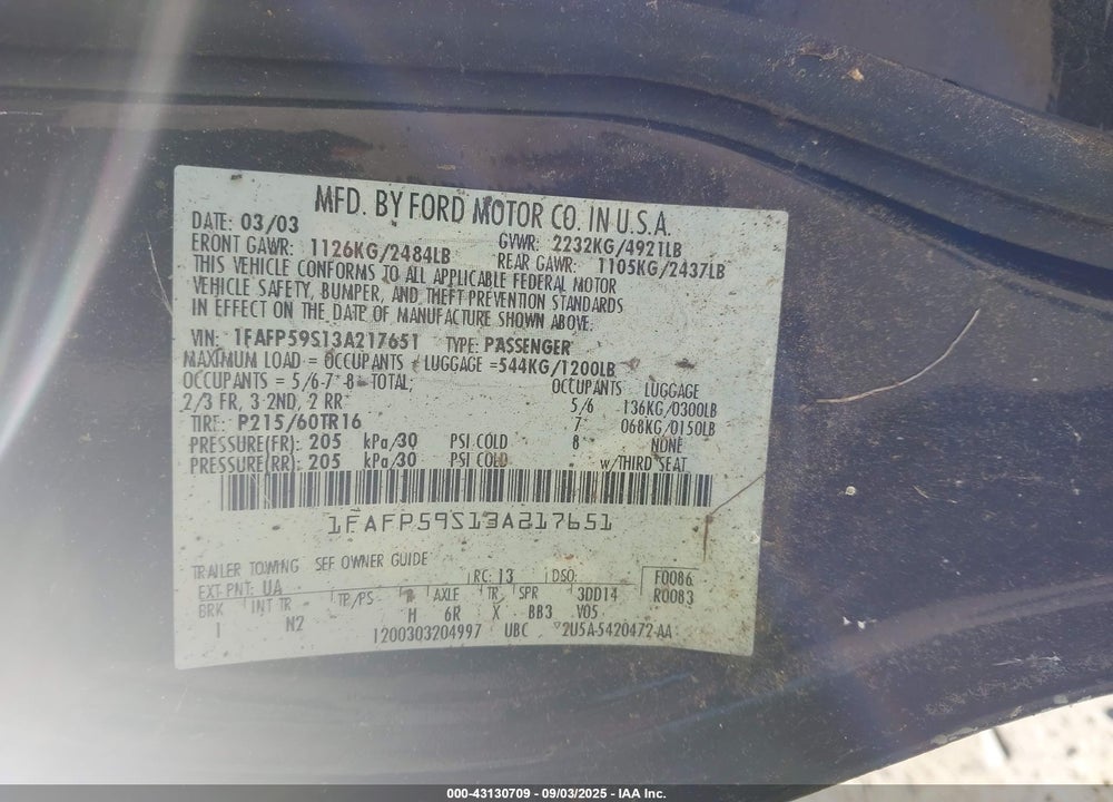 2003 FORD TAURUS SEL VIN: 1FAFP59S13A217651