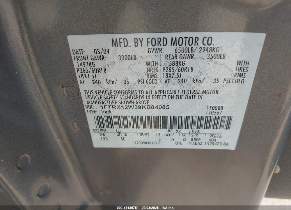 2009 FORD F-150 STX/XL VIN: 1FTRX12W39KB84085