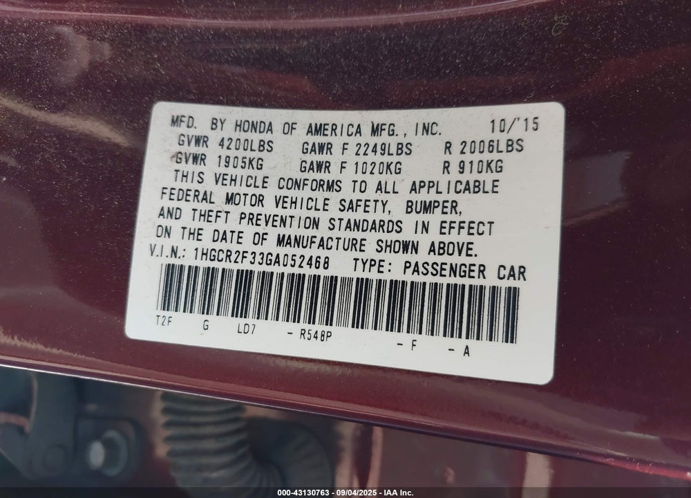 2016 HONDA ACCORD LX VIN: 1HGCR2F33GA052468