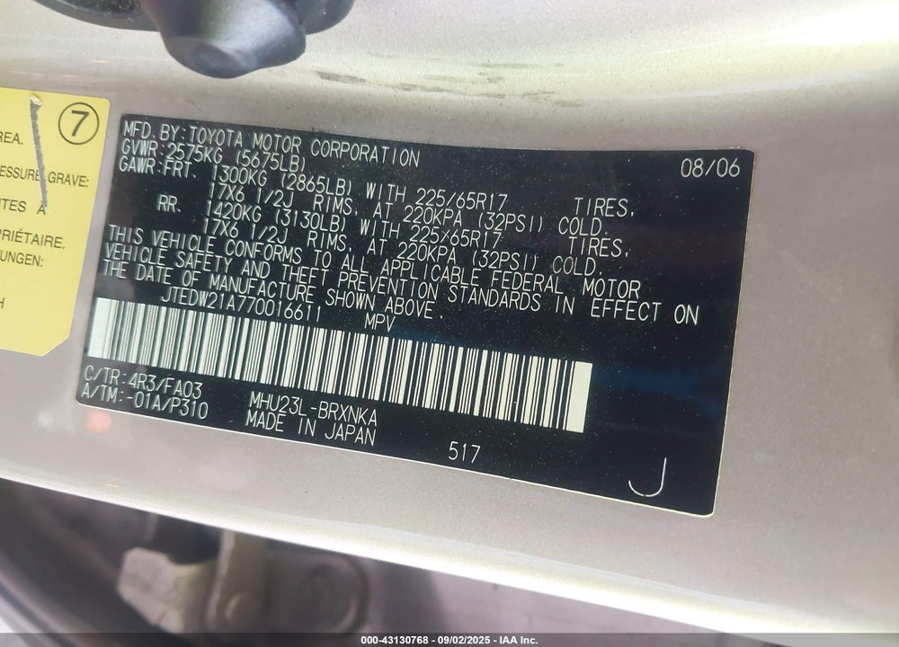 2007 TOYOTA HIGHLANDER HYBRID VIN: JTEDW21A770016611
