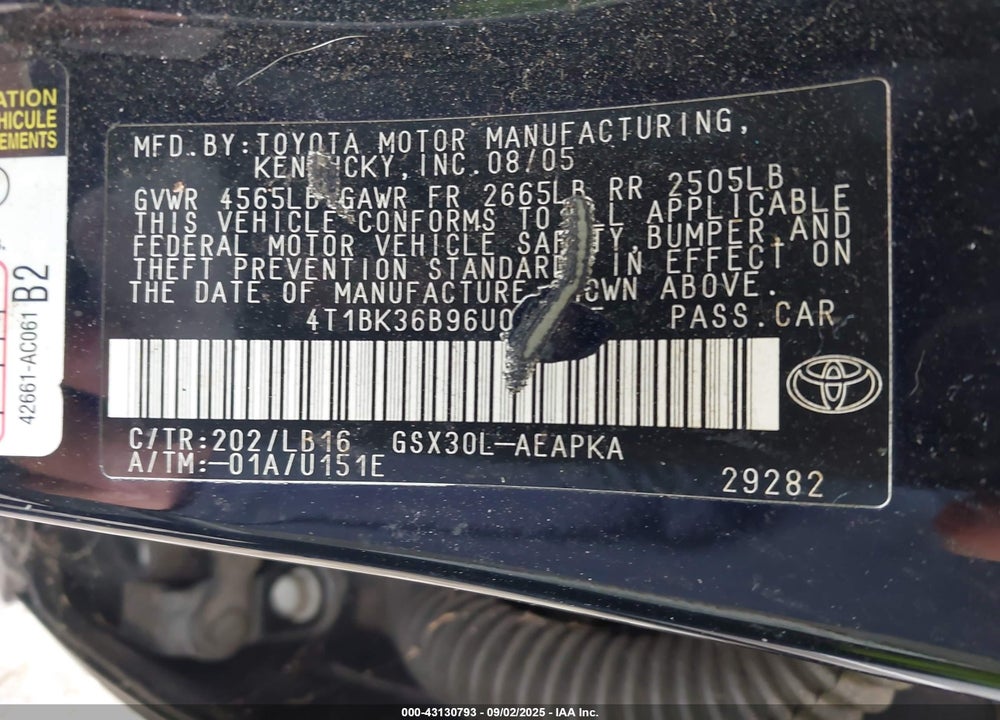 2006 TOYOTA AVALON VIN: 4T1BK36B96U070865