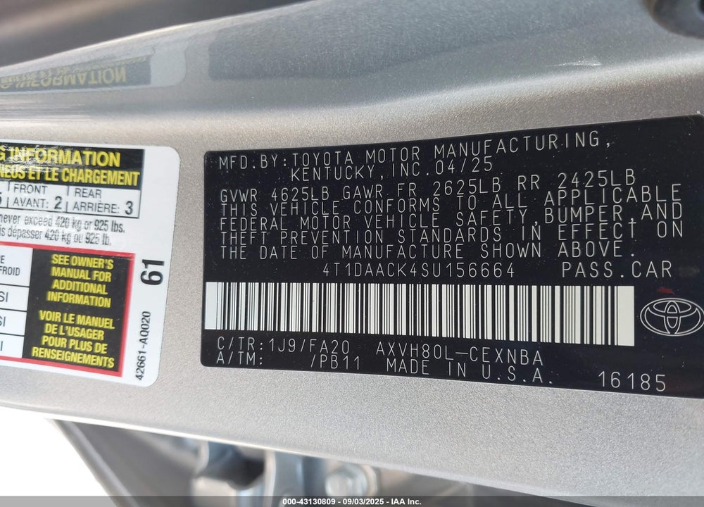 2025 TOYOTA CAMRY VIN: 4T1DAACK4SU156664