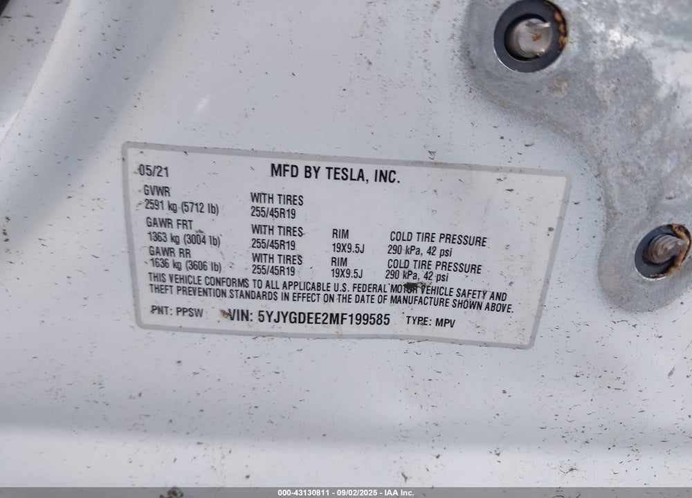 2021 TESLA MODEL Y VIN: 5YJYGDEE2MF199585