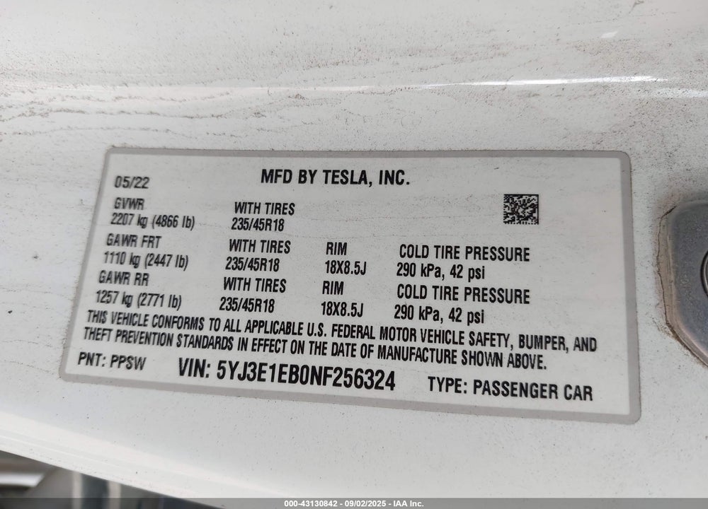 2022 TESLA MODEL 3 LONG RANGE DUAL MOTOR ALL-WHEEL DRIVE VIN: 5YJ3E1EB0NF256324