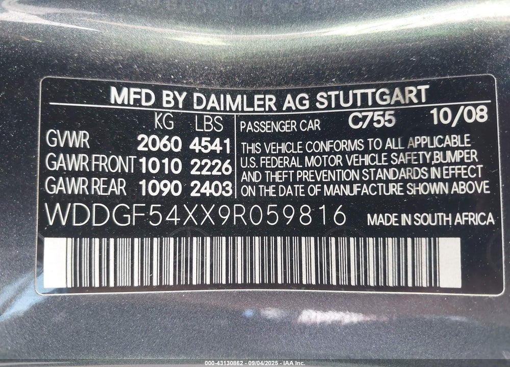 2009 MERCEDES-BENZ C CLASS VIN: WDDGF54XX9R059816