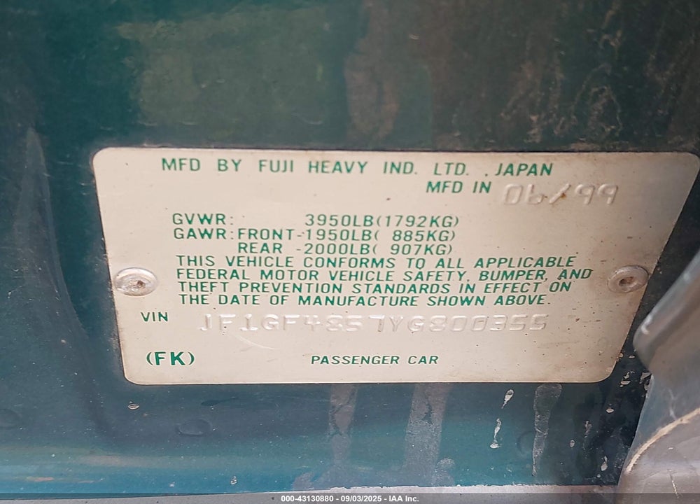 2000 SUBARU OUTBACK VIN: JF1GF4857YG800355