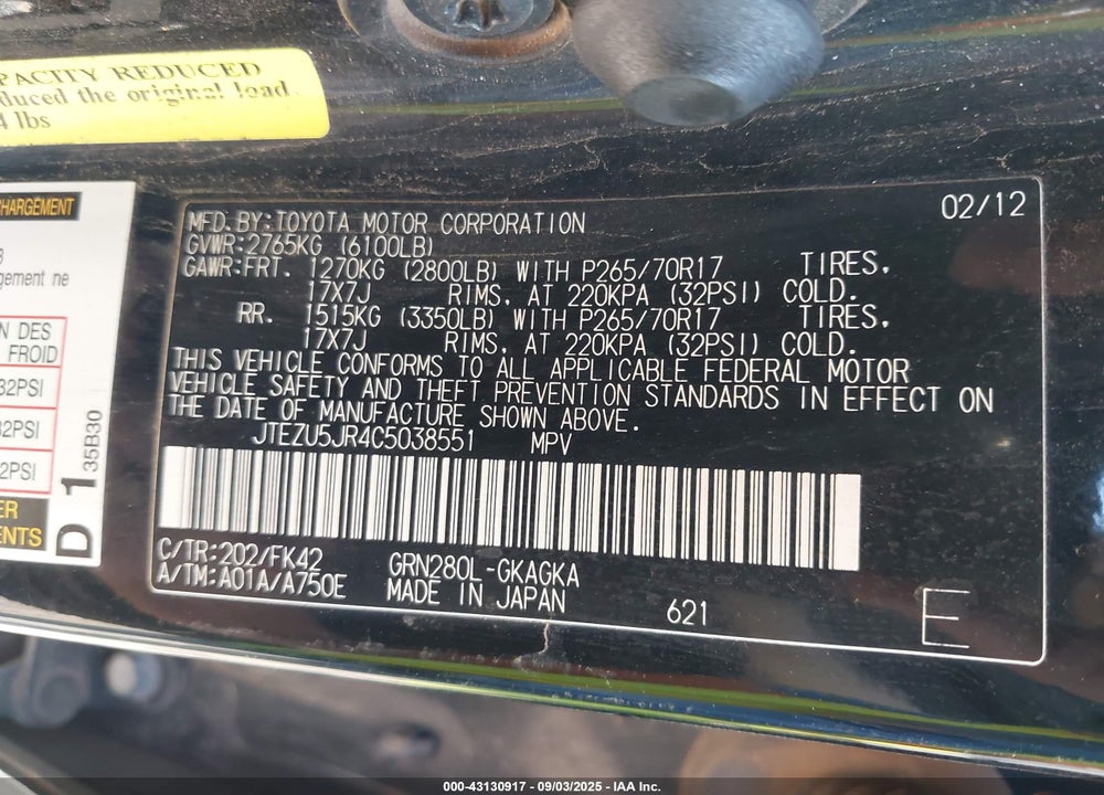 2012 TOYOTA 4RUNNER VIN: JTEZU5JR4C5038551