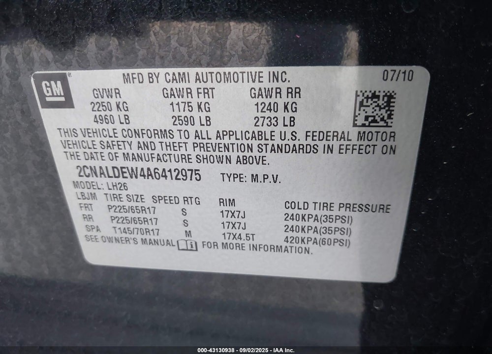 2010 CHEVROLET EQUINOX LT VIN: 2CNALDEW4A6412975