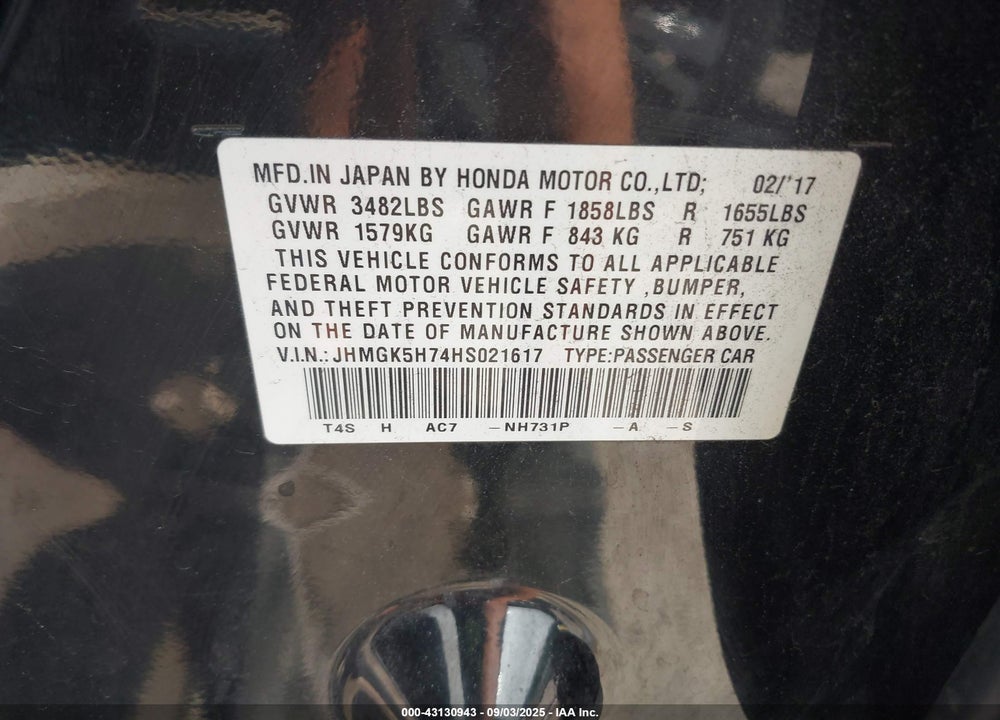 2017 HONDA FIT VIN: JHMGK5H74HS021617