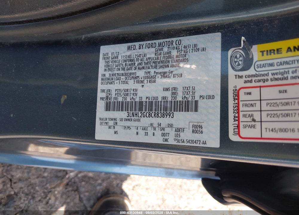 2012 LINCOLN MKZ VIN: 3LNHL2GC8CR838993