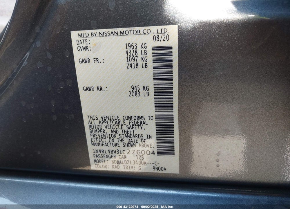 2020 NISSAN ALTIMA VIN: 1N4BL4BV3LC276004