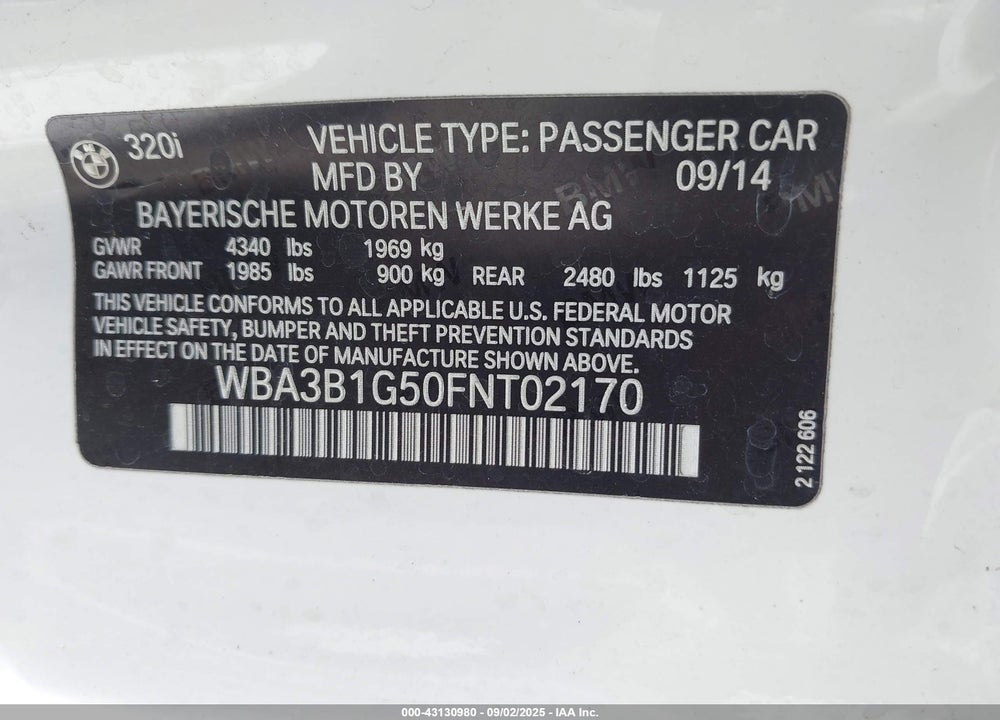 2015 BMW 3 SERIES VIN: WBA3B1G50FNT02170