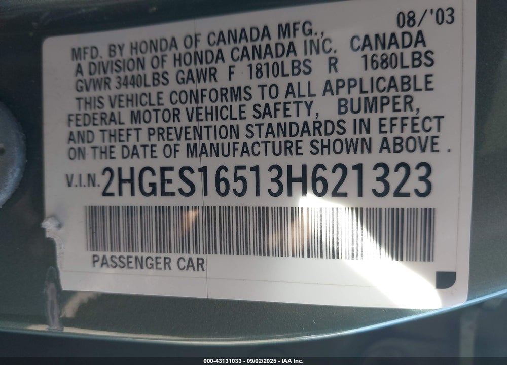 2003 HONDA CIVIC LX VIN: 2HGES16513H621323